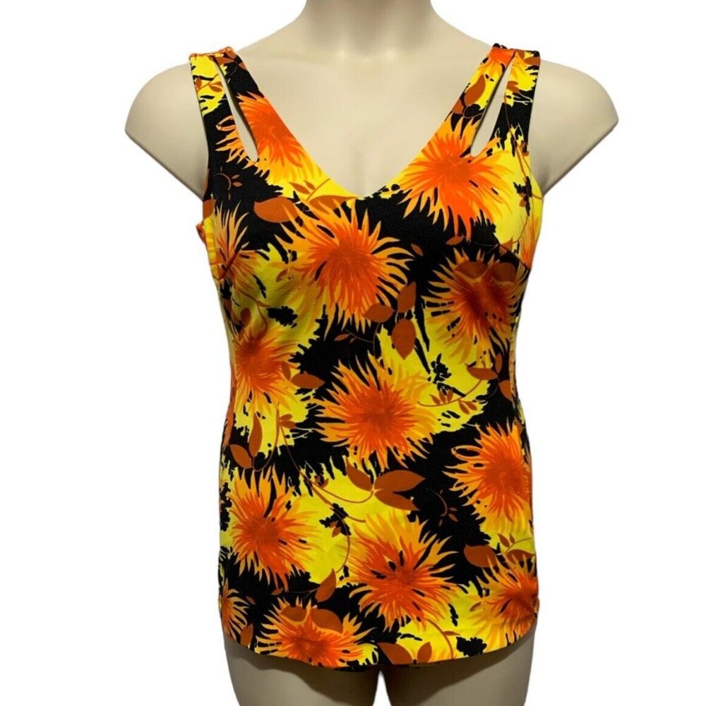 Vintage 60's Sears Sz 14 Bombshell Flower Mod Pin Up Skirted One Piece Swimsuit